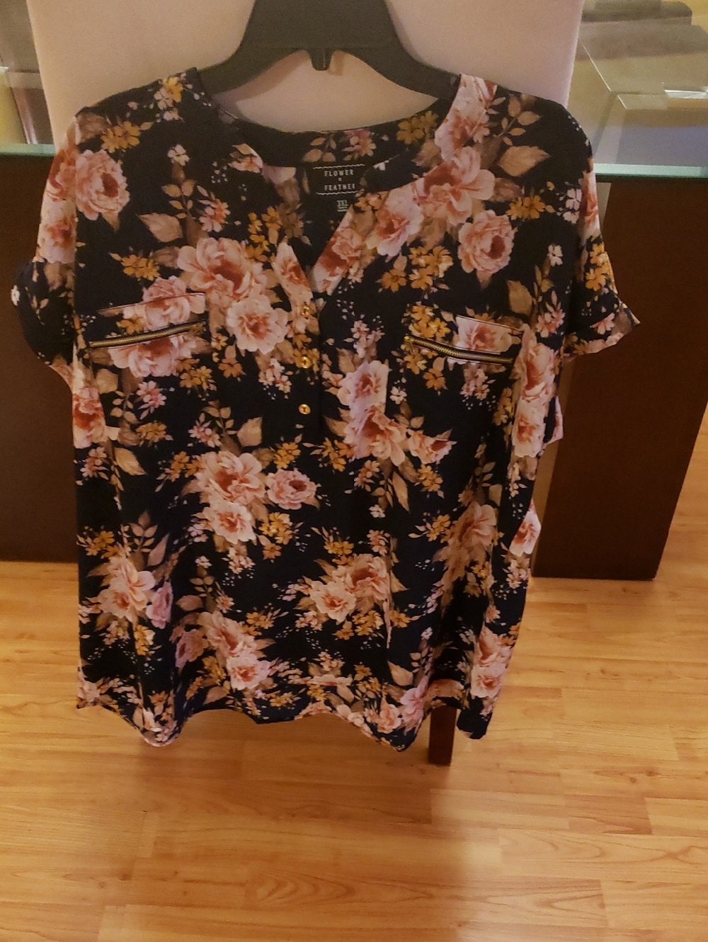Floral Short-Sleeve Blouse - Navy with Pink Roses